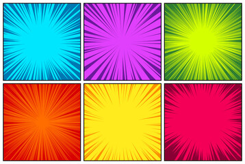 Comic book colorful radial lines collection. Cartoon comics background with motion, speed lines. Retro Pop Art style. Vector illustration.