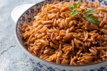 Traditional delicious Turkish dish, barley noodle pilaf (Turkish name; Arpa sehriye pilavi)