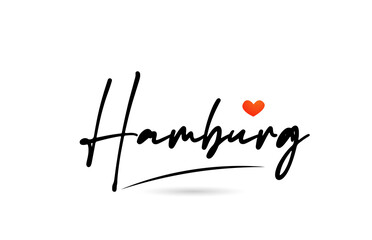 Hamburg city text with red love heart design.  Typography handwritten design icon