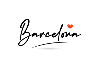 Barcelona city text with red love heart design.  Typography handwritten design icon