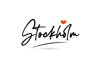 Stockholm city text with red love heart design.  Typography handwritten design icon