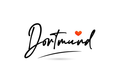 Dortmund city text with red love heart design.  Typography handwritten design icon