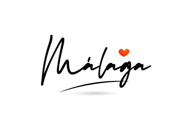 Málaga city text with red love heart design.  Typography handwritten design icon