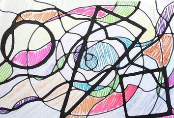 abstract background with circles, lines, waves, colors draw with pencil and colorful markers on paper