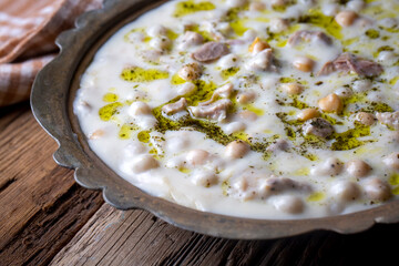 Traditional delicious Turkish food; Yuvalama soup, Turkish name; Yuvalama corbasi