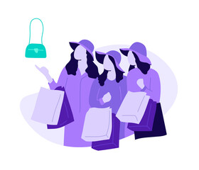Group of women at shop window with handbag. Trendy flat illustration.