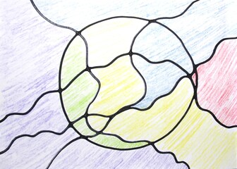 abstract background with circles, lines, waves, colors draw with pencil and colorful markers on paper