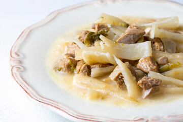 Traditional Turkish cuisine; lamb in a wild herb meal, Kenger (Cnicus benedictus) meal (Turkish name; Kuzu etli, Sevketi Bostan or Sevketibostan yemegi)