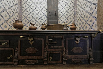 Old kitchen-vintage copper kitchenware-antique cookstove-traditional Portuguese tilework-neoRococo...