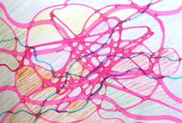 abstract background with circles, lines, waves, colors draw with pencil and colorful markers on paper