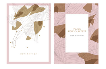 Wedding invitation template in the abstract style. Abstract flowers and leaves drawn by a line. Background for the invitation, shop, beauty salon, spa.  - 481464528
