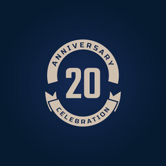20 Year Anniversary Celebration with Golden Color for Celebration Event, Wedding, Greeting card, and Invitation Isolated on Blue Background