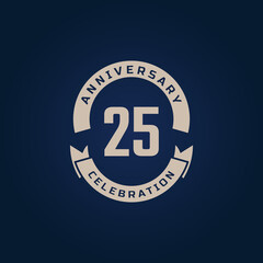 25 Year Anniversary Celebration with Golden Color for Celebration Event, Wedding, Greeting card, and Invitation Isolated on Blue Background