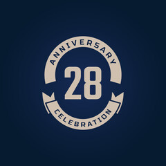 28 Year Anniversary Celebration with Golden Color for Celebration Event, Wedding, Greeting card, and Invitation Isolated on Blue Background