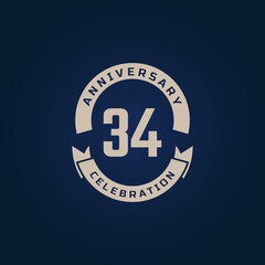 34 Year Anniversary Celebration with Golden Color for Celebration Event, Wedding, Greeting card, and Invitation Isolated on Blue Background