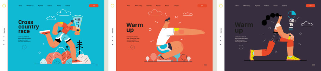 Runners website templates set. Flat vector concept illustrations of athletes running in a park, forest, stadium track or street landscape. Healthy activity and lifestyle. Sprint, jogging, warming up.