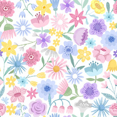 Spring hand drawn flower seamless pattern. Spring floral background - 481466586
