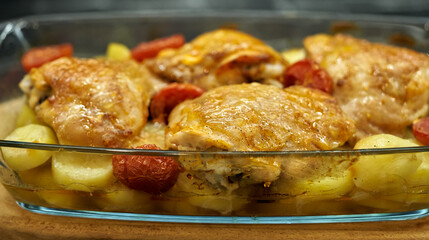 chicken legs lie in a glass pan in the kitchen