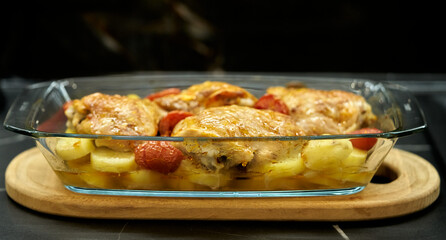 chicken legs lie in a glass pan in the kitchen