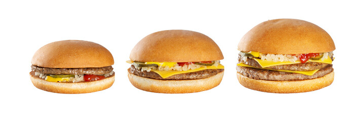 Set of 3 burgers on a white background. Hamburger, cheeseburger, double cheeseburger.