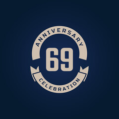 69 Year Anniversary Celebration with Golden Color for Celebration Event, Wedding, Greeting card, and Invitation Isolated on Blue Background