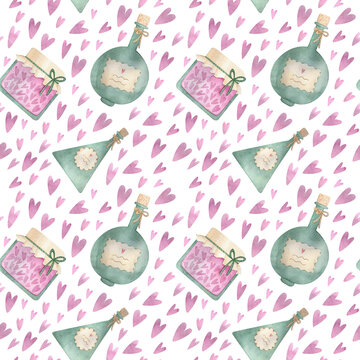 Watercolor hand-painted seamless pattern with magical trappings, love potion, and pink hearts. Delicate pattern for fabric, wrapping paper and design
