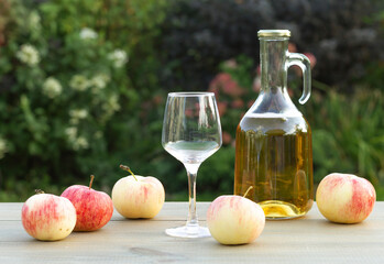 A glass of apple wine,cider, juice . Ripe summer apples are lying nearby