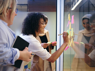 UK, London, Women using adhesive notes in office