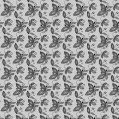 Vector image with a pattern of black curls and flowers on a gray silver background