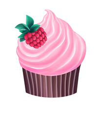 illustration of tasty cupcake with pink cream and strawberry isolated on white background