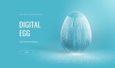 Easter egg in tech futuristic style. Greeting card with abstract 3d egg with circuit board texture. Glowing digital vector illustration