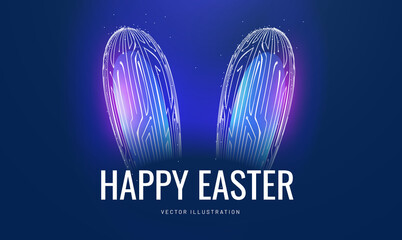 Headband easter neon bunny in a glowing futuristic style. Technological greeting card with a holiday. 3d model of hare ears with computer board pattern