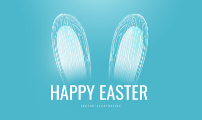 Easter neon bunny in a glowing futuristic style. Technological greeting card with a holiday. 3d model of hare ears with computer board pattern