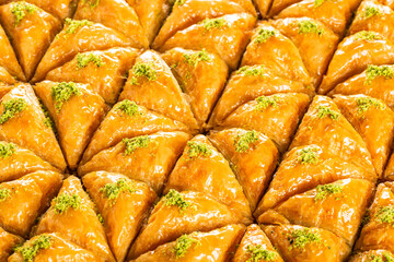 Traditional Pistachio baklava closeup. Middle Eastern Flavors.
