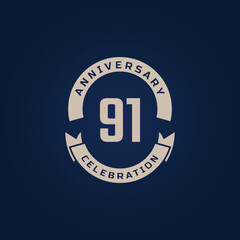 91 Year Anniversary Celebration with Golden Color for Celebration Event, Wedding, Greeting card, and Invitation Isolated on Blue Background