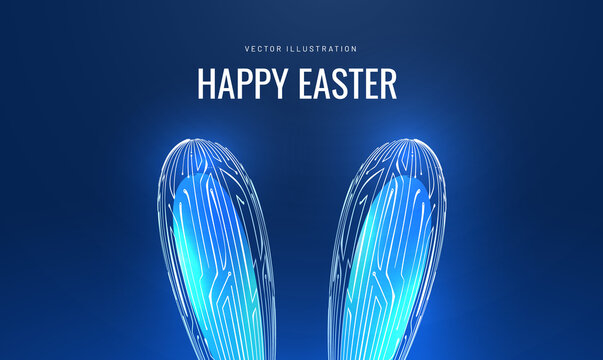 Headband easter neon bunny in a glowing futuristic style. Technological greeting card with a holiday. 3d model of hare ears with computer board pattern