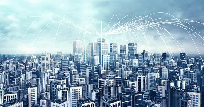 Advanced High Tech City 5G Mobile Wireless Network. Big Data And High Speed Internet 4K 3D Concept.