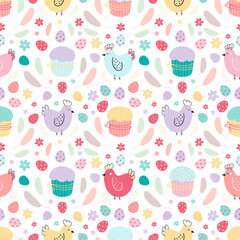 Easter seamless background. Pattern with chickens eggs, cakes, and feathers