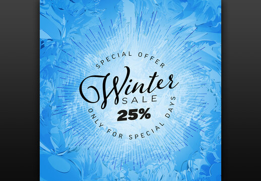 Winter Sale Tag Layout with Sun Rays and Frost Background