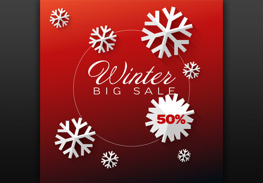 Winter Sale Tag Red Layout with Paper Snowflakes