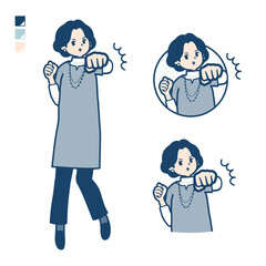 チュニック中年女性が正面にパンチしているイラスト