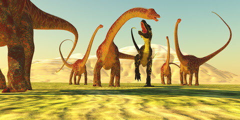 Diplodocus Jurassic Herd - A theropod Torvosaurus tries to bring down a Diplodocus dinosaur during the Jurassic Period. © Catmando