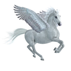 Fototapeta na wymiar Pegasus Taking Off - A beautiful white Pegasus stallion, a legendary mythical horse with wings, takes off for the sky.