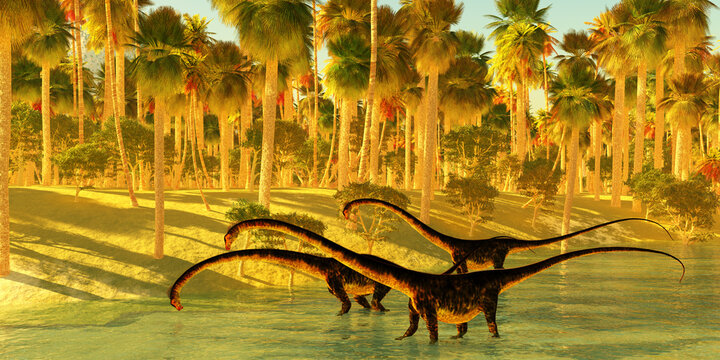 Lush Dinosaur Habitat - Barosaurus dinosaurs come down to a jungle river to wade and drink during the Jurassic Period of North America.