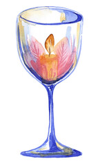 Candle in a candlestick-glass. Watercolor illustration for valentines day hand drawn and isolated on white background