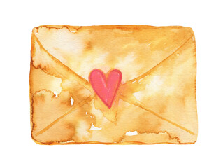 Obraz na płótnie Canvas Envelope with a heart. A letter with a declaration of love. Watercolor illustration for valentines day hand drawn and isolated on white background