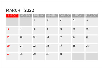 march 2022 Calendar. march 2022 Calendar vector illustration. Wall Desk Calendar Vector Template, Simple Minimal Design. Wall Calendar Template For march 2022.