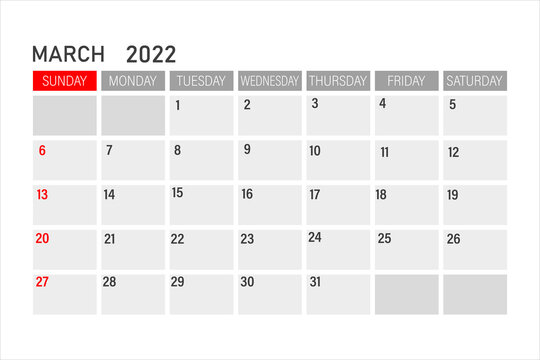 march 2022 Calendar. march 2022 Calendar vector illustration. Wall Desk Calendar Vector Template, Simple Minimal Design. Wall Calendar Template For march 2022.