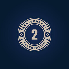 2 Year Anniversary Celebration with Golden Color for Celebration Event, Wedding, Greeting card, and Invitation Isolated on Blue Background