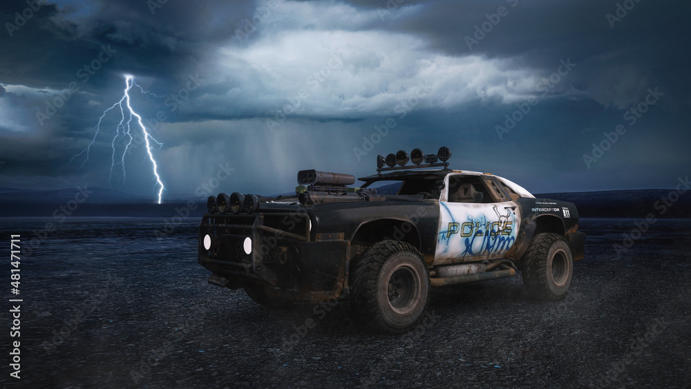 Poster fantasy post apocalyptic concept police car in a barren desert landscape with storm clouds and light